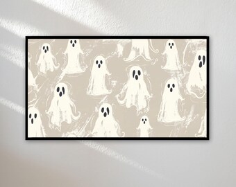 May include: A framed print featuring a repeating pattern of white ghost illustrations with black eyes and mouths on a beige background. The ghosts vary in size and shape, creating a whimsical Halloween theme.