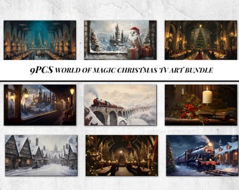 Puede incluir: Conjunto de arte de nueve piezas con escenas mágicas navideñas. Incluye imágenes de un castillo nevado, un tren en un puente, una habitación a la luz de las velas y un pueblo nevado. El texto dice "9PCS WORLD OF MAGIC CHRISTMAS TV ART BUNDLE."