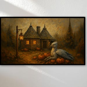 May include: Oil painting depicting a fantasy scene with a cottage, pumpkins, and a griffin. The artwork is framed in black and has a warm, autumnal colour palette. A lantern illuminates the foreground.