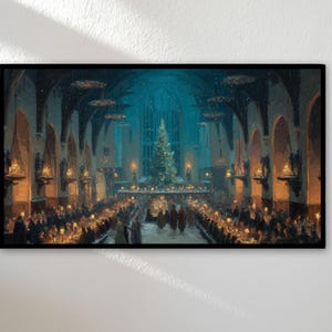 May include: A framed art print depicting a festive Christmas scene. The artwork showcases a grand hall with a decorated Christmas tree, tables set for a feast, and figures in the foreground. The color palette is dominated by blues, golds, and greens.