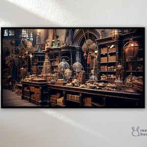 May include: A vintage apothecary shop interior with wooden shelves stocked with glass bottles, jars, and other apothecary supplies. The shop is dimly lit and has a rustic feel. There are several globes and other decorative items on the shelves.