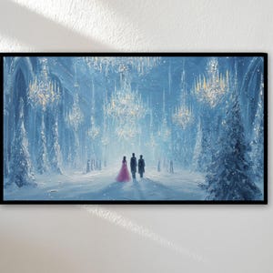 May include: A framed painting depicts a snowy, blue-toned landscape with a path leading towards three figures. The scene is illuminated by chandeliers and snow-covered trees. The painting is in a black frame.