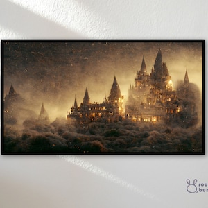 May include: A large, dark castle with many towers and windows, set against a foggy, golden sky. The castle is lit up with warm, yellow lights, creating a magical and mysterious atmosphere.