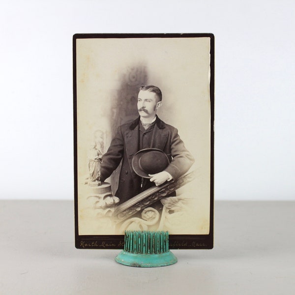 Antique Cabinet Card Portrait Photo Man with Top Hat Mustache on Wood Carved Railing Sepia Black and White Old Photograph Allen Mansfield Ma