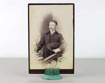 Antique Cabinet Card Portrait Photo Man with Top Hat Mustache on Wood Carved Railing Sepia Black and White Old Photograph Allen Mansfield Ma