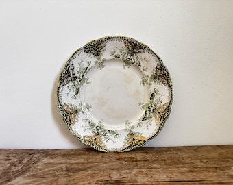 Antique Green Floral Gold China Green White Plate 9" Transferware