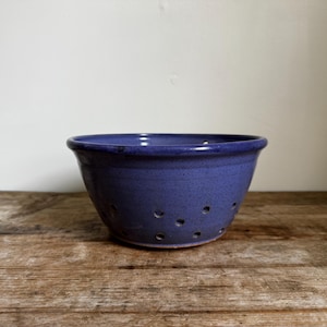 Vintage Blue Periwinkle Signed Pottery Collander Strainer Fruit Bowl