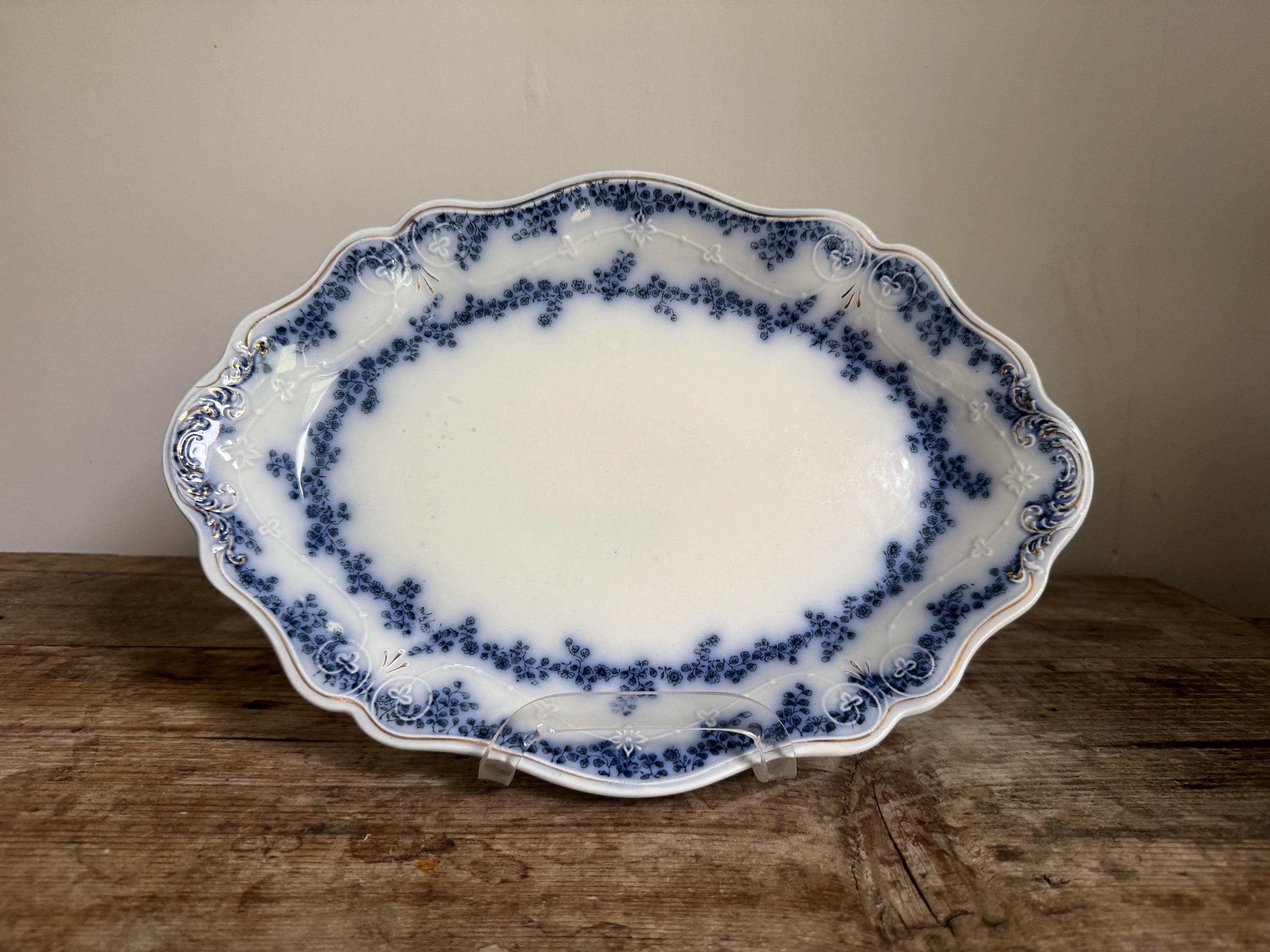 Antique W Grindley Aldine Flow Blue Scalloped Tray Transferware