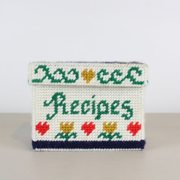 Vintage Needlepoint Plastic Recipe Box With Lid Flexible Blue Green White Red