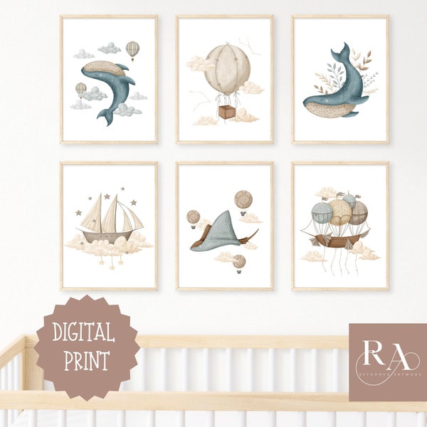 Celestial Nursery + Nautical Décor - Whales + Hot Air Balloon + Ship, Boat, Moon, Cloud, Stars - Set of 6 Nursery Print - Baby Boy Nursery