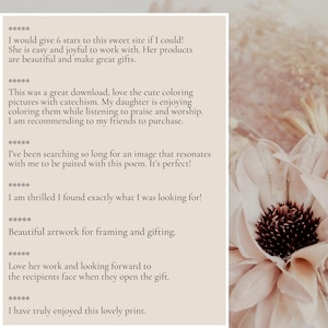 May include: A digital print with customer reviews and a floral design. The text includes phrases like "beautiful artwork" and "great gifts." The background is a soft, neutral color, with a large, blurred flower on the right side.