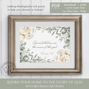 Proverbios 17:6 Los nietos son la corona de los ancianos. Regalo para abuela cristiana. Tarjeta floral con rosas para anunciar el embarazo de los abuelos cristianos.