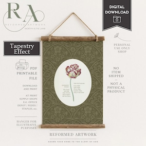 May include: A digital download tapestry print with a floral pattern in olive green. The print features a central oval with a tulip illustration and text. The top reads "Digital Download" and "Reformed Artwork."