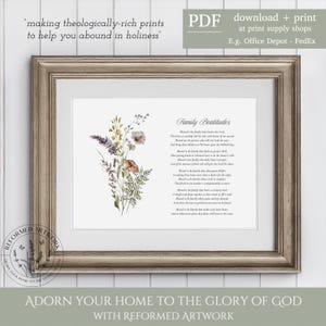 Christelijk gebed voor ons huis Familiegebedskaart Gereformeerde theologie kunst aan de muur Christelijk housewarmingcadeau Christian New Home-cadeaubon bloemen
