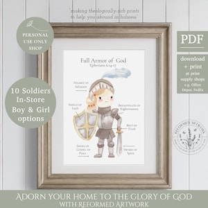 Ephesians 6:14-17 Full Armor of God Girl Reformed Artwork Christian Homeschool Printable Put on the Whole Armor of God for Kids Bible Verse