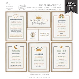 May include: A set of printable wall art with religious themes. The designs feature text and illustrations, including a sheep, a rainbow, and a sun. The colour scheme is neutral with gold and brown accents. The text includes phrases like "Raising Disciples" and "Home Sweet Homeschool."