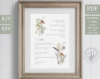 Jesus I AM Statement KJV & ESV Gospel of John Art Christian Wall Art Christian Home Décor Art Vintage Christian Wildflower Reformed Artwork