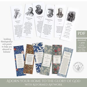 May include: A collection of decorative bookmarks featuring portraits of religious figures and inspirational quotes. The bookmarks have various floral and patterned designs. The text "ADORN YOUR HOME TO THE GLORY OF GOD WITH REFORMED ARTWORK" is at the bottom.