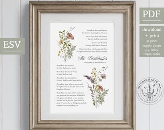 Beatitudes Wall Art Matthew 5:3-12 Sermon on the Mount Art Blessed Are The Peacemakers Pure in Heart Meek Vintage Christian Wildflower Art