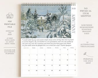 Calendario di teologia riformata 2026, stampabile, download digitale, calendario da parete cristiano riformato, citazione di un teologo, opera d'arte riformata, paesaggio artistico