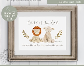 Lion and the Lamb Reformed Artwork Protected by the Lion Purchased by the Lamb Child of the Lord  Revelation 5:5-6 Christian Newborn Gift