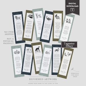 May include: A selection of digital download bookmarks, each with a unique design and quote. The bookmarks feature illustrations of animals, crowns, and other decorative elements. The text "Tapestry Effect" is visible, along with "Reformed Artwork".