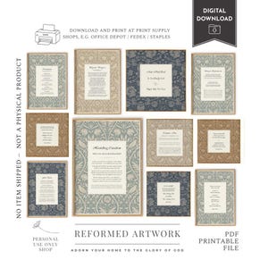 Puede incluir: Una colección de impresiones artísticas enmarcadas con varios diseños florales y de texto. Las impresiones presentan una variedad de colores, incluyendo azul, beige y marrón. El texto incluye las palabras "Reformed Artwork" y "Adorn your home to the glory of God."