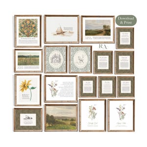 Może przedstawiać: Kolekcja siedemnastu oprawionych wydruków ściennych przedstawiających ilustracje botaniczne, obrazy krajobrazów i cytaty. Zestaw zawiera różne rozmiary z drewnianymi ramami, prezentujące motywy kwiatowe i przyrodnicze.