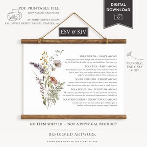 May include: A digital print featuring floral watercolor art and scripture from the ESV and KJV Bible versions. The print includes the phrases "Sola Gratia," "Sola Fide," "Solus Christus," "Sola Scriptura," and "Soli Deo Gloria."
