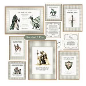 Christliche Jungen-Galerie: Wandbild mit Bibelvers „Ritter und Drache“ zum Ausdrucken – Digitaldruck für Jungen, christliches Spielzimmer-Wandbild für Kinder