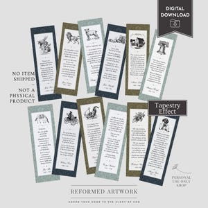 May include: A collection of digital download bookmarks with a tapestry effect. Each bookmark features a different vintage illustration and inspirational quote. The bookmarks are in various shades of blue, green, and brown, with decorative borders and text.
