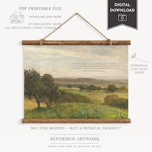 May include: A landscape print with a wooden hanger displays a pastoral scene with green fields, trees, and a distant mountain range. The print includes text from John Bunyan's The Pilgrim's Progress and the words "PDF Printable File".