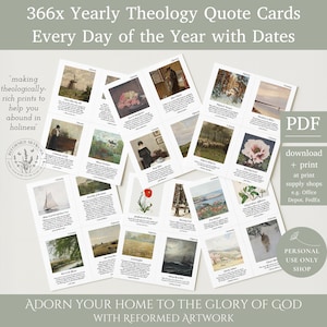 May include: A collection of 366 theology quote cards, each featuring a different image and quote for every day of the year. The cards are arranged in a grid and include text that reads "366x Yearly Theology Quote Cards Every Day of the Year with Dates."