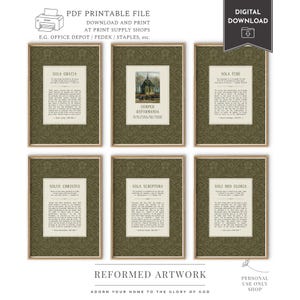 May include: Six framed prints with gold-colored frames. Each print features text and a decorative background. The prints include the phrases "SOLA GRATIA", "SOLA FIDE", "SOLUS CHRISTUS", "SOLA SCRIPTURA", and "SOLI DEO GLORIA". The prints are labeled "REFORMED ARTWORK".