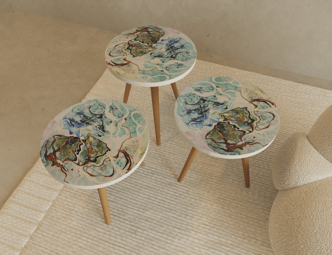 UV Printing Wooden Nesting Table, Set of 3 Modern Nesting Table, Rustic