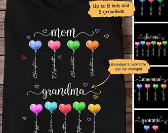 Chemise ballon personnalisée coeur grand-mère maman, chemise personnalisée noms d'enfants, chemise coeur maman grand-mère, cadeau pour maman, cadeau pour grand-mère