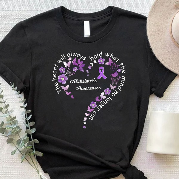 T-shirt Sensibilisation à la maladie d'Alzheimer, le coeur tiendra toujours ce que l'esprit ne peut plus, T-shirt ruban de sensibilisation à la maladie d'Alzheimer