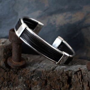 Sterling Silver Cuff Bangle handmade with Artificial Elephant Hair - Large