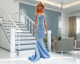 Vestido sirena extralargo con volantes, azul cielo - ropa hecha a mano para muñecas Fashion