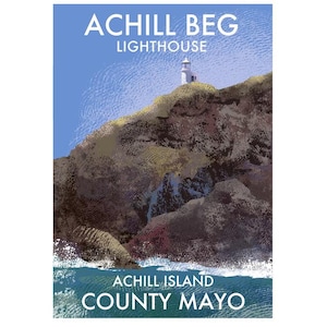 Signierter Kunstdruck von Achill Beg Leuchtturm - Irische Leuchttürme - Poster