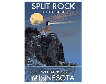 Signed archival print by Roger O'Reilly of Split Rock, Lake Superior, Minnesota - Lighthouses of the U.S.A
