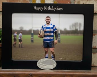 Gepersonaliseerde rugbyfotolijst met balmotief: alternatieve trofee voor sportviering