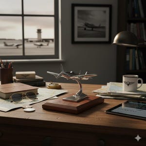 Könnte beinhalten: Ein silbernes Modellflugzeug auf einem Holzsockel steht auf einem Schreibtisch mit Karten, einer Tasse und einer Sonnenbrille. Das Modellflugzeug hat detaillierte Flügel und Propeller. Im Hintergrund ist ein gerahmtes Bild eines Flugzeugs zu sehen.