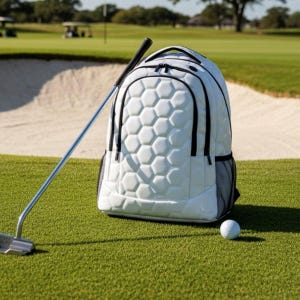 May include: White golf backpack with a honeycomb pattern, black trim, and mesh side pockets. A golf putter and a golf ball are on the green grass. The background shows a sand trap and a golf course.