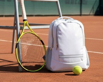 Gepersonaliseerde witte tennisrugzak - Unieke tas voor sportuitrusting voor spelers Opbergruimte voor rackets