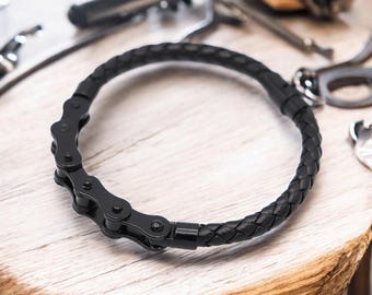 パーソナライズされた自転車チェーンブレスレット | ブラック自転車チェーンスチールレザーブレスレット | サイクリングギフト