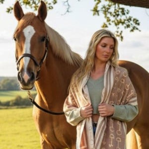 Personalized Equestrian Snaffle Bit Scarf in Camel & Cream: Luxury Horse Riding Gift for Women