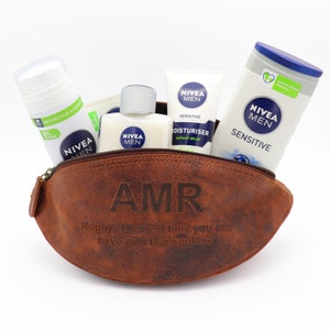 Trousse de toilette personnalisée pour ballons de rugby en cuir de buffle | Cadeau unique pour les amateurs de sport