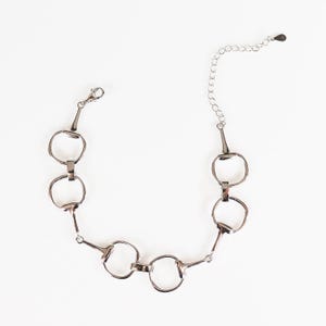 May include: A silver necklace with a chain and multiple horse bit charms.