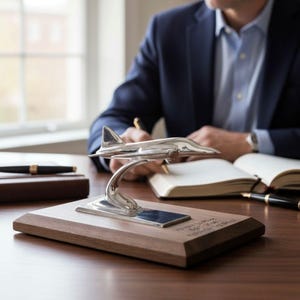 May include: A silver airplane model on a wooden base. The model is a detailed replica of a jet aircraft. The base is rectangular and has a dark wood finish. The model is displayed on a desk with a person in the background.